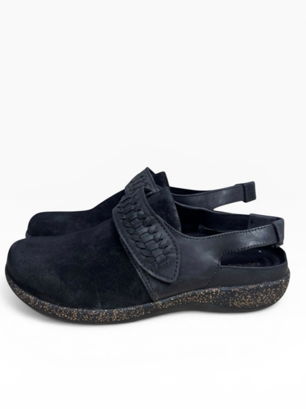 Aetrex Leni Black Leather Nubuck Slingback Clogs Arch Support Shoes US 8.5